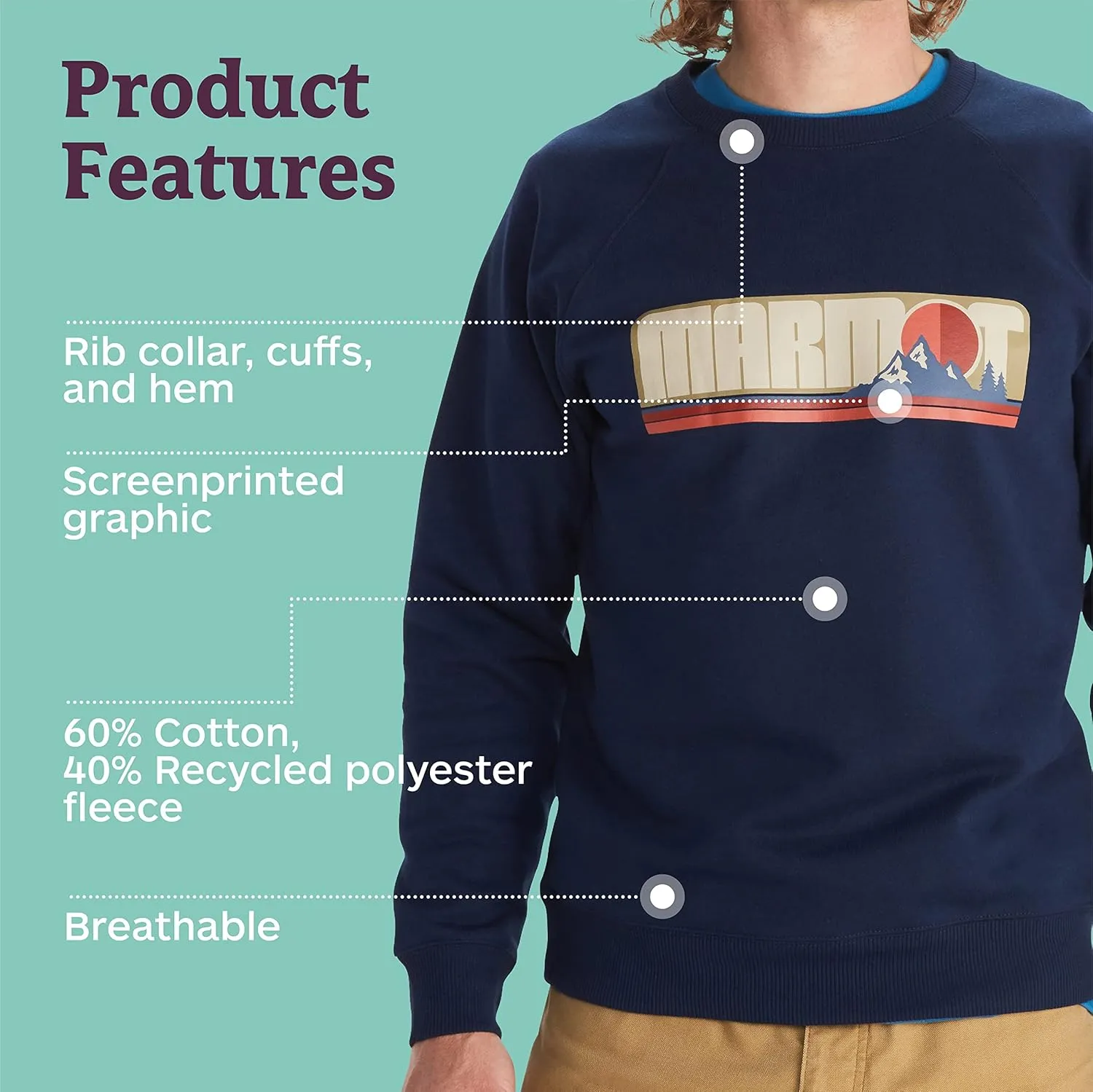 MARMOT Men's Montane Crew Sweatshirt - Screen Printed Graphic on Warm, Breathable, Eco-Friendly Cotton/Poly Blend