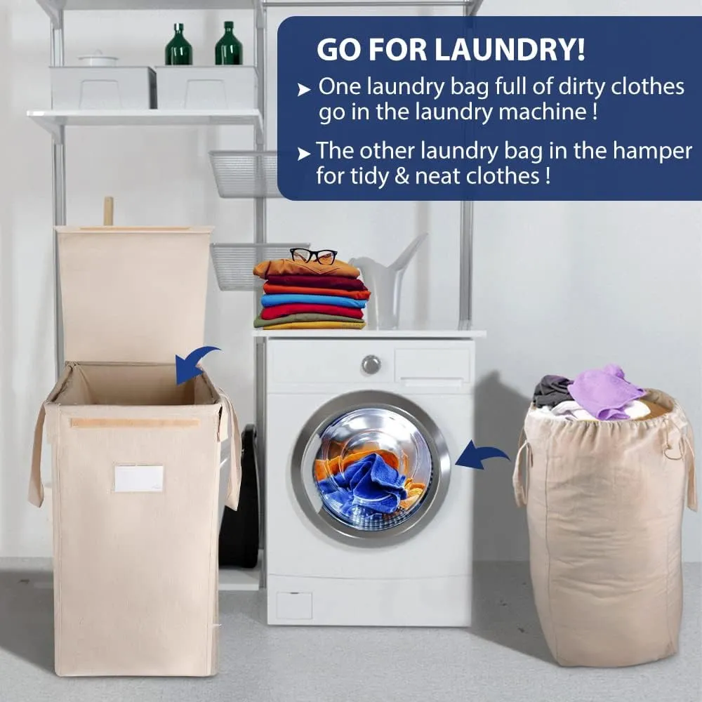 MCleanPin 210L Laundry Hamper with Lid and 2 Removable Liners, Collapsible Dirty Clothes Hamper for laundry and 2 Handles, Foldable Laundry Basket for Baby Nursery Hamper Dorm Room College, Beige
