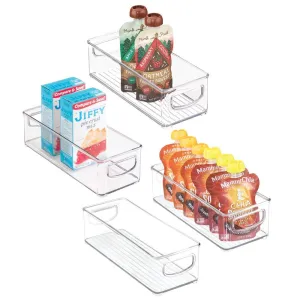 mDesign Stackable Plastic Food Storage Bin with Handles for Kitchen Pantry, Cabinet, Refrigerator, Freezer - Organizer for Fruit, Yogurt, Squeeze Pouches - BPA Free, 10" Long - 4 Pack - Clear