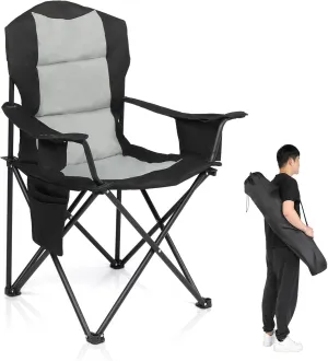 Medium Camping Chairs for Adults,Folding Fishing Chair Heavy Duty Directors Chair with Cup Holder,Side Pocket and Cooler Bag,Collapsible Chair for Outdoor Camp Hiking Beach Travel,Black Gray 1 Pc