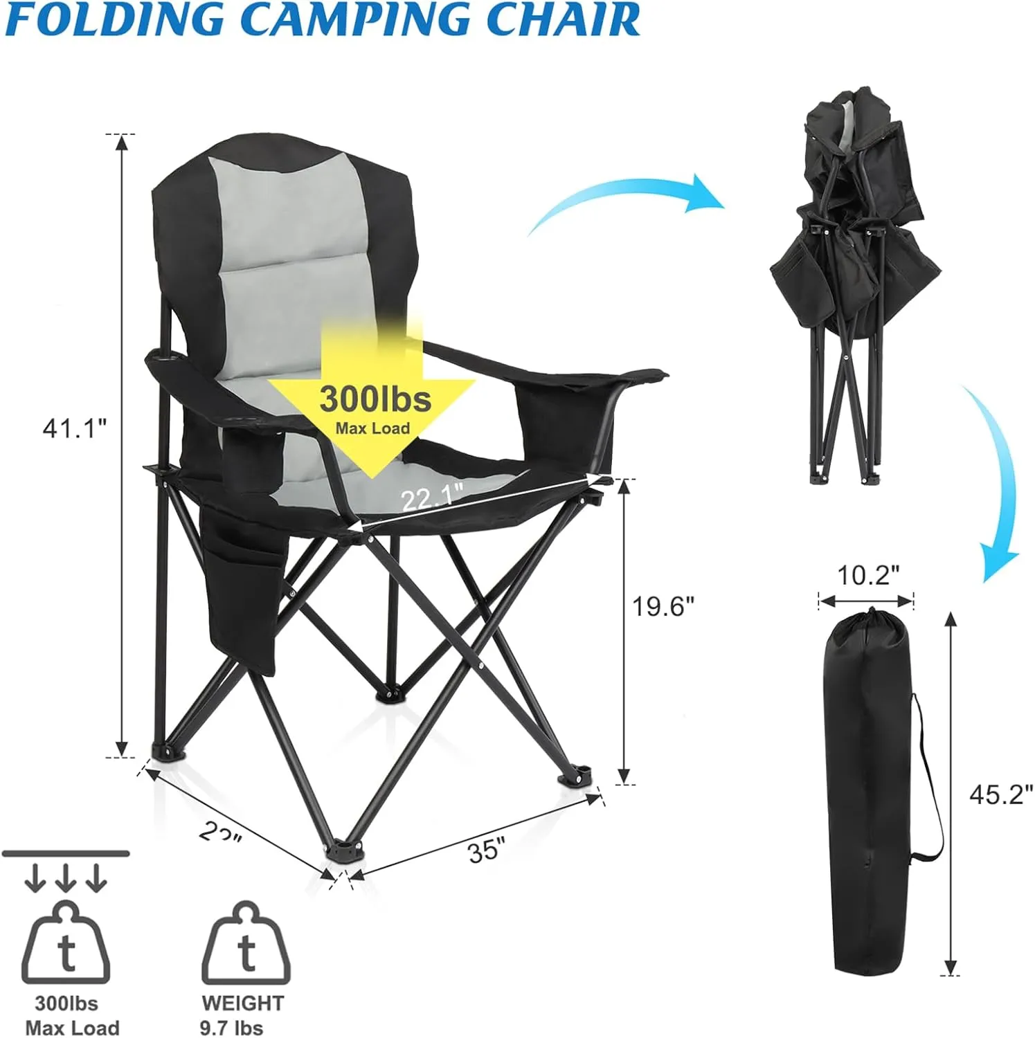 Medium Camping Chairs for Adults,Folding Fishing Chair Heavy Duty Directors Chair with Cup Holder,Side Pocket and Cooler Bag,Collapsible Chair for Outdoor Camp Hiking Beach Travel,Black Gray 1 Pc