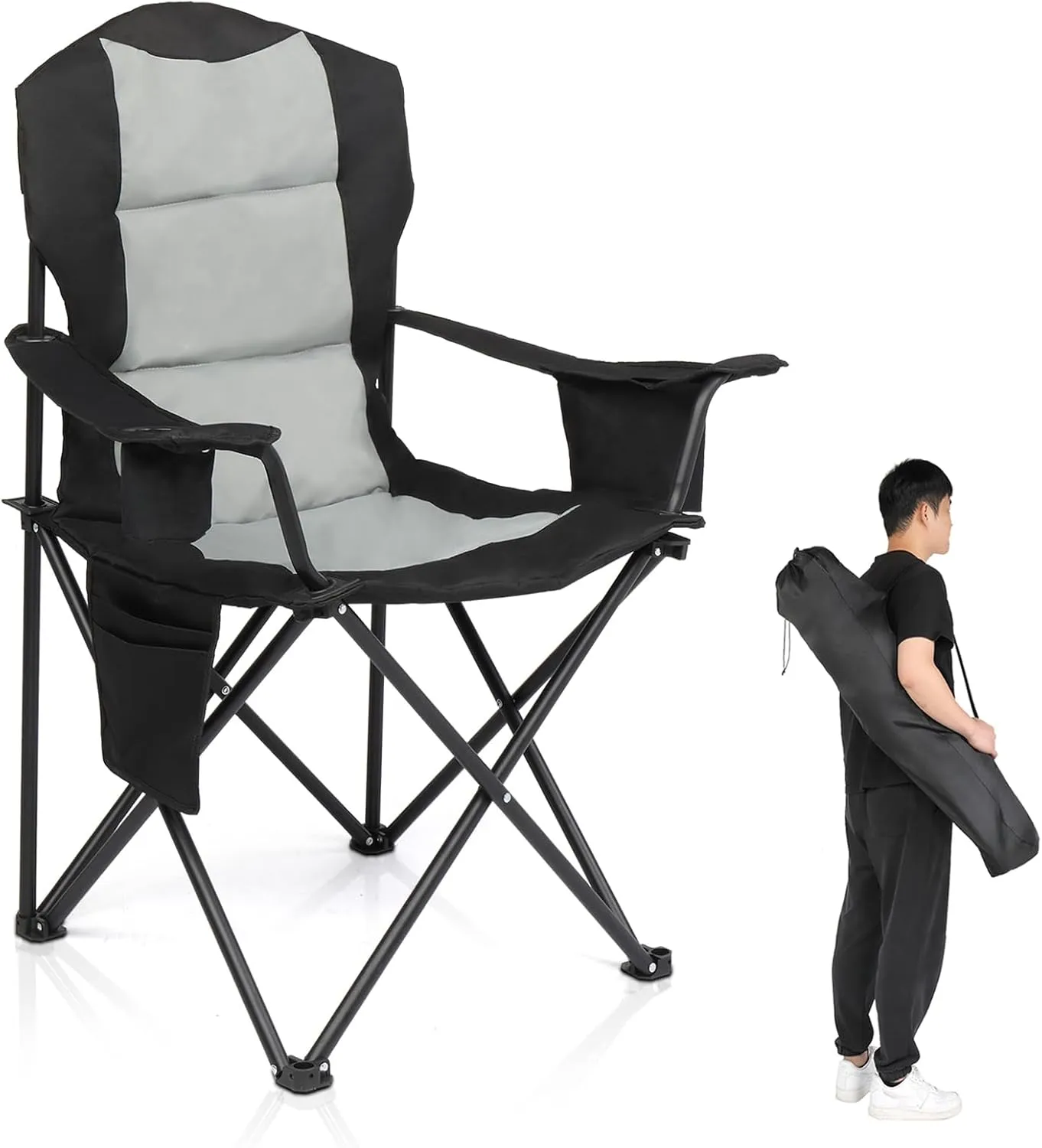 Medium Camping Chairs for Adults,Folding Fishing Chair Heavy Duty Directors Chair with Cup Holder,Side Pocket and Cooler Bag,Collapsible Chair for Outdoor Camp Hiking Beach Travel,Black Gray 1 Pc