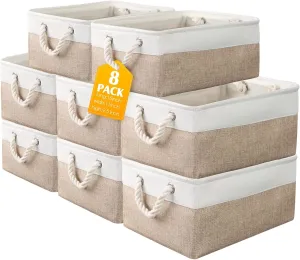 meekoo 8 Pack Collapsible Storage Bins Fabric Storage Bins Polyester Fabric Baskets with Handles Linen Closet Organizer for Shelf Home Closet Towels Toys(15 x 11 x 9.5 in,Beige)