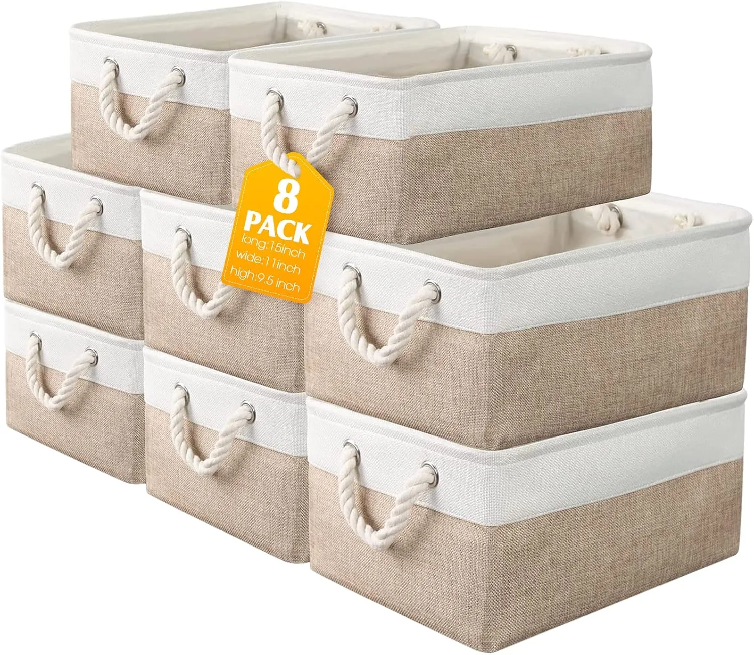 meekoo 8 Pack Collapsible Storage Bins Fabric Storage Bins Polyester Fabric Baskets with Handles Linen Closet Organizer for Shelf Home Closet Towels Toys(15 x 11 x 9.5 in,Beige)