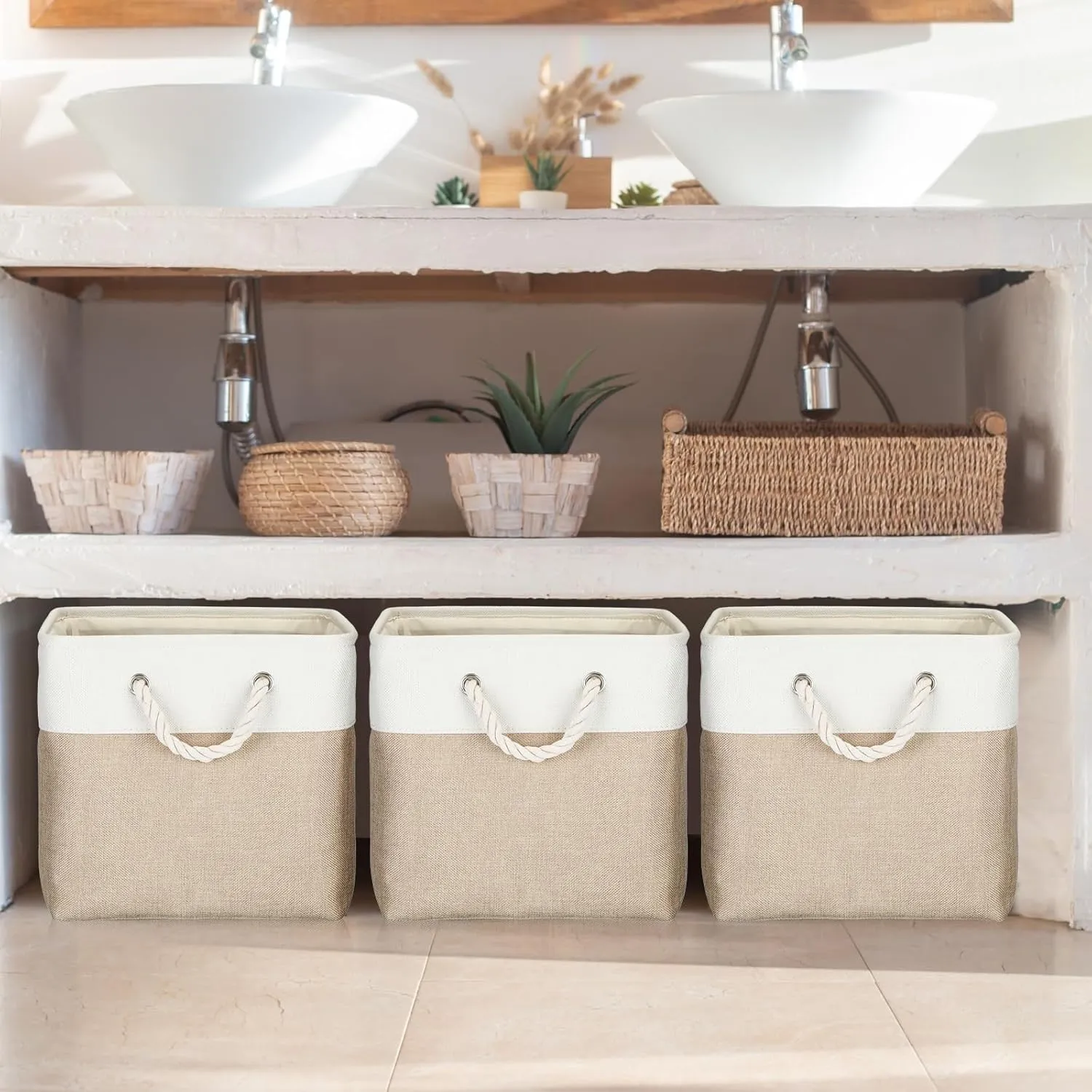 meekoo 8 Pack Collapsible Storage Bins Fabric Storage Bins Polyester Fabric Baskets with Handles Linen Closet Organizer for Shelf Home Closet Towels Toys(15 x 11 x 9.5 in,Beige)