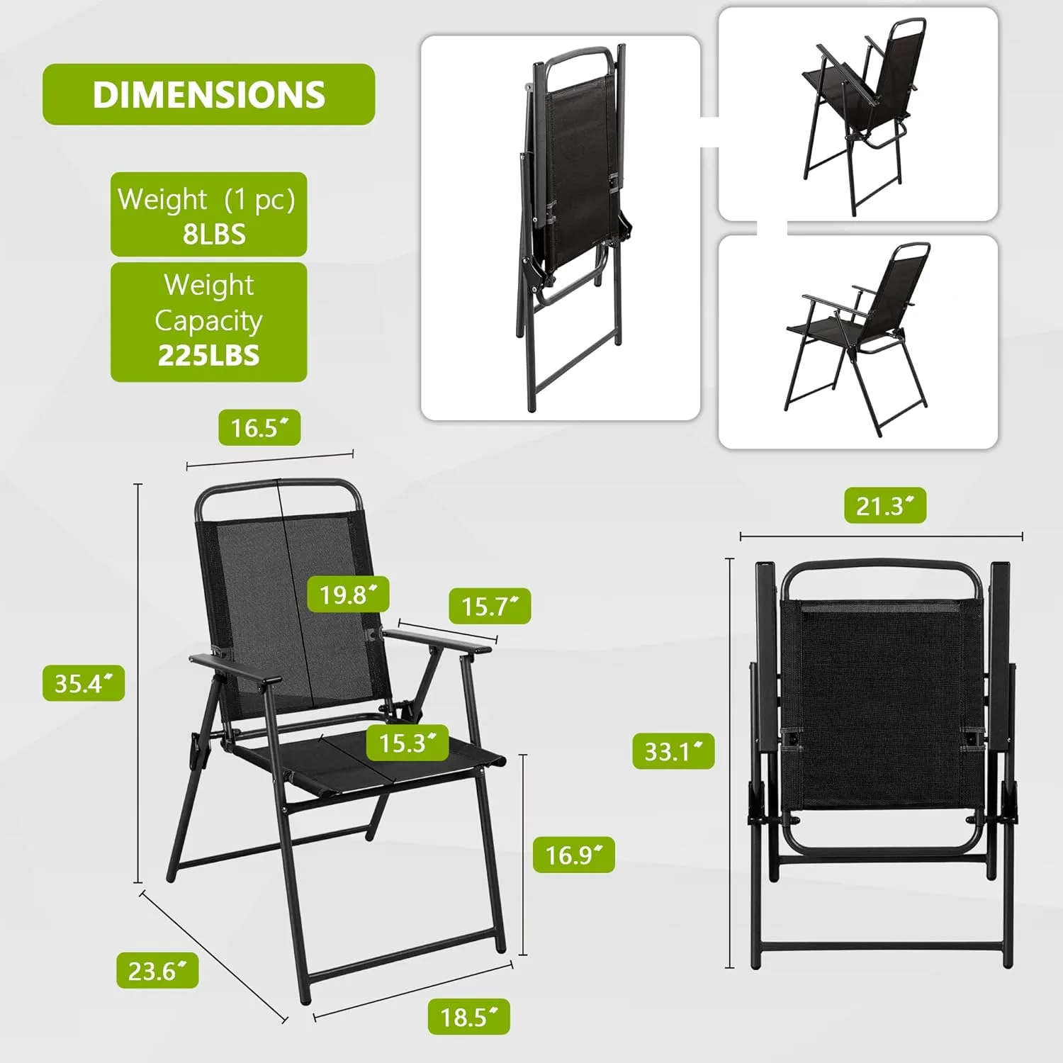 Meilocar 4 Pack Patio Folding Chairs, Outdoor Portable Dining Chairs, All Weather Lightweight Foldable Chair with Armrests for Lawn Garden Porch and Pool, Black