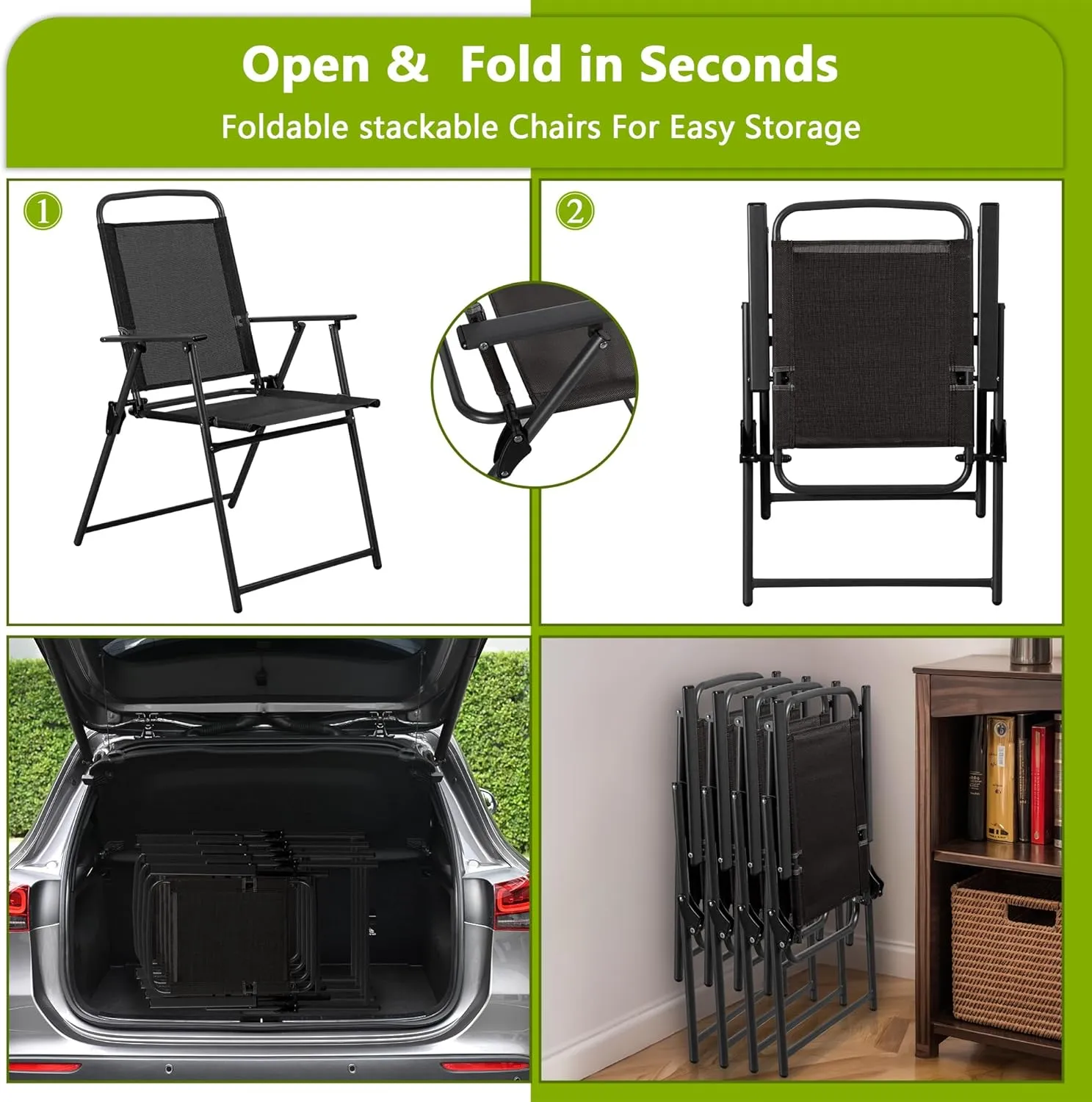 Meilocar 4 Pack Patio Folding Chairs, Outdoor Portable Dining Chairs, All Weather Lightweight Foldable Chair with Armrests for Lawn Garden Porch and Pool, Black