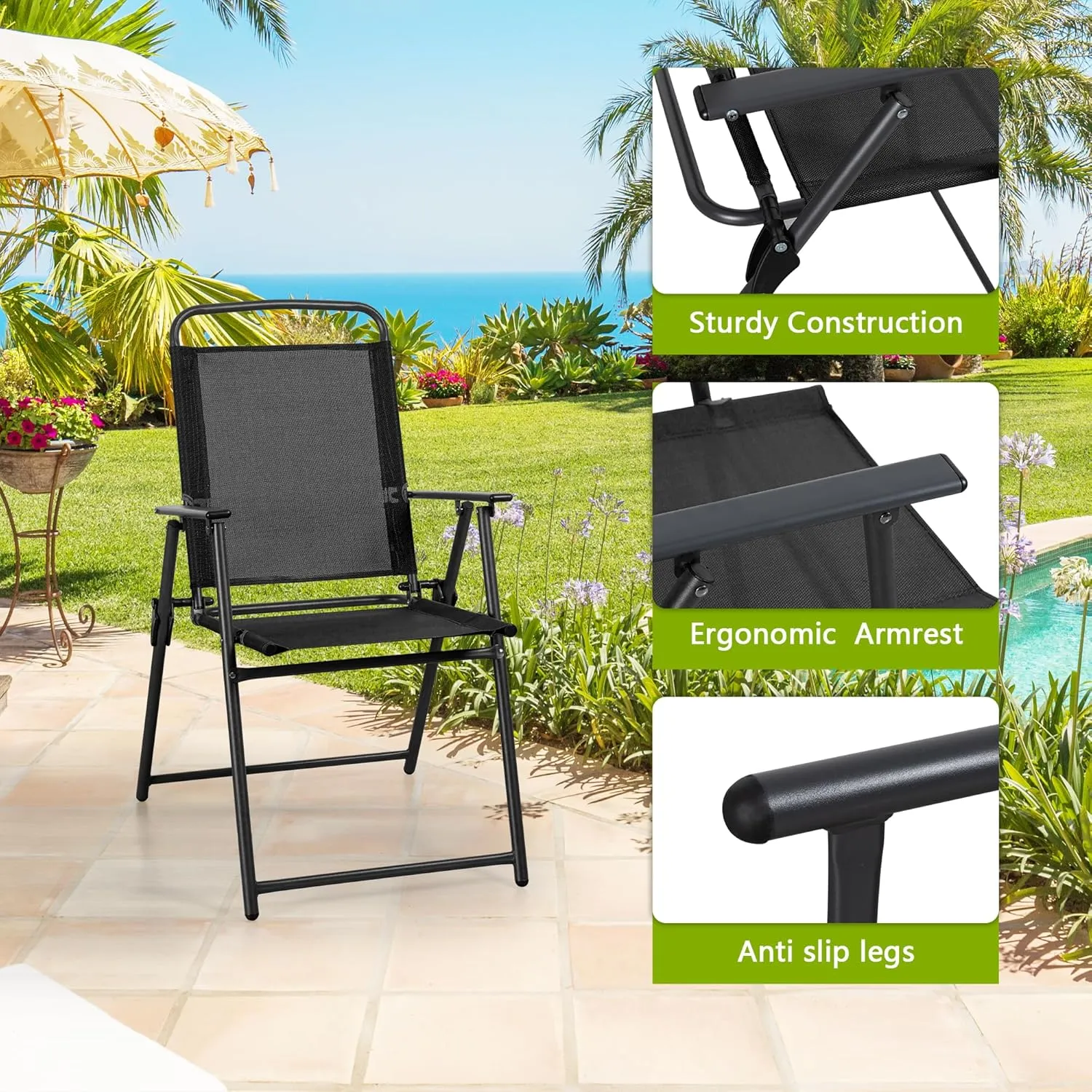 Meilocar 4 Pack Patio Folding Chairs, Outdoor Portable Dining Chairs, All Weather Lightweight Foldable Chair with Armrests for Lawn Garden Porch and Pool, Black