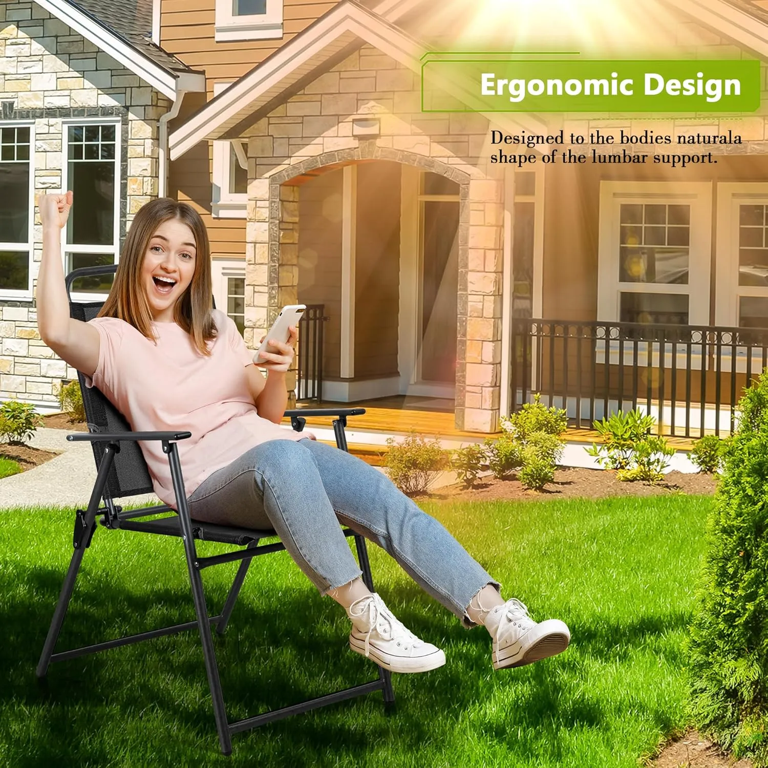 Meilocar 4 Pack Patio Folding Chairs, Outdoor Portable Dining Chairs, All Weather Lightweight Foldable Chair with Armrests for Lawn Garden Porch and Pool, Black
