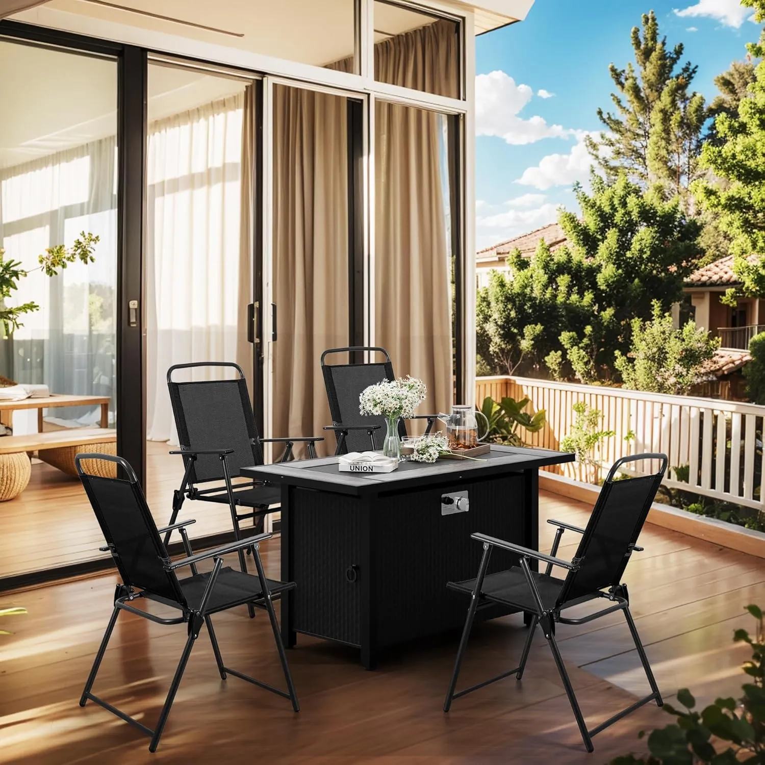 Meilocar 4 Pack Patio Folding Chairs, Outdoor Portable Dining Chairs, All Weather Lightweight Foldable Chair with Armrests for Lawn Garden Porch and Pool, Black