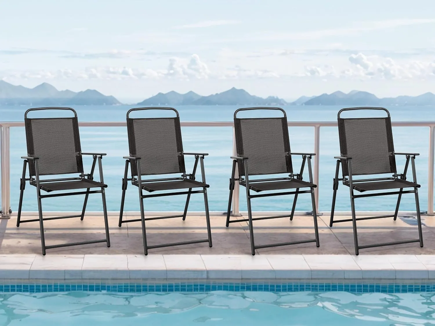 Meilocar 4 Pack Patio Folding Chairs, Outdoor Portable Dining Chairs, All Weather Lightweight Foldable Chair with Armrests for Lawn Garden Porch and Pool, Black
