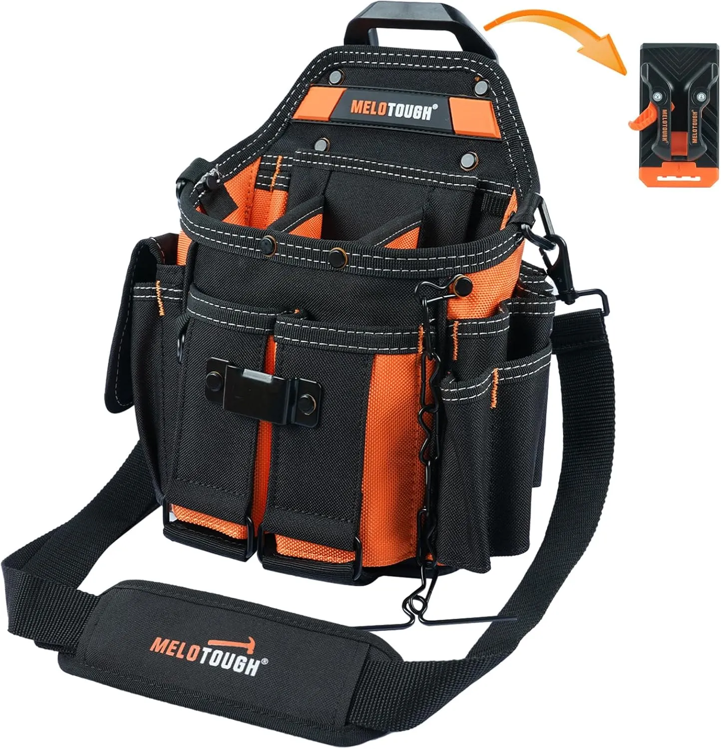 MELOTOUGH Electrician Tool Pouch Bag with Shoulder Strap Professional 15 Pockets Tool Pouch with Belt Clip Quickly Attach and Release Tool Bag