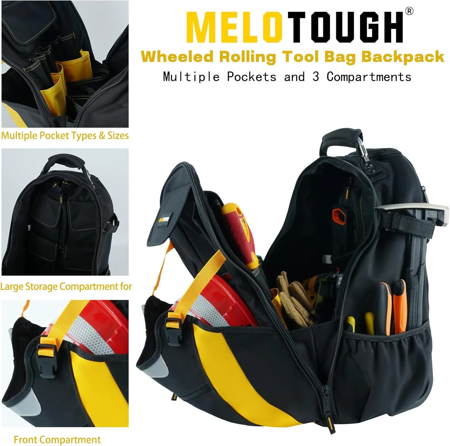 MELOTOUGH Wheeled Rolling Tool Bag Heavy Duty Tool Backpack Tool Organizer Bag for Electrician, Carpenter, HVAC,Welder (Yellow)