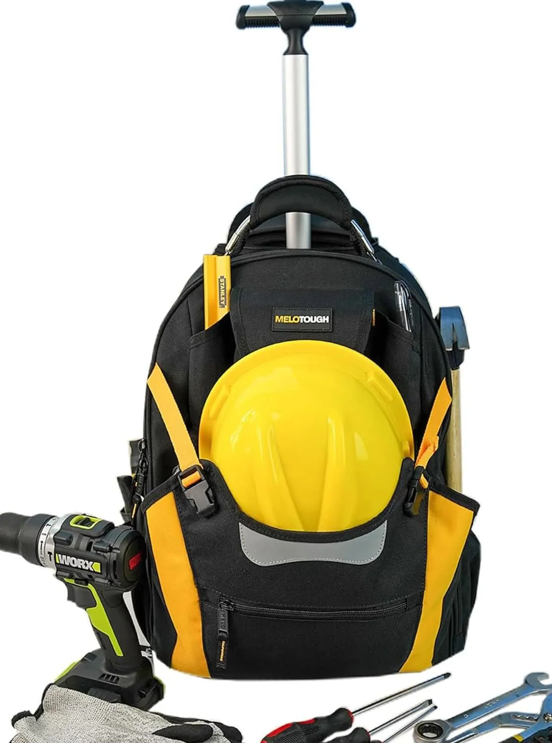 MELOTOUGH Wheeled Rolling Tool Bag Heavy Duty Tool Backpack Tool Organizer Bag for Electrician, Carpenter, HVAC,Welder (Yellow)