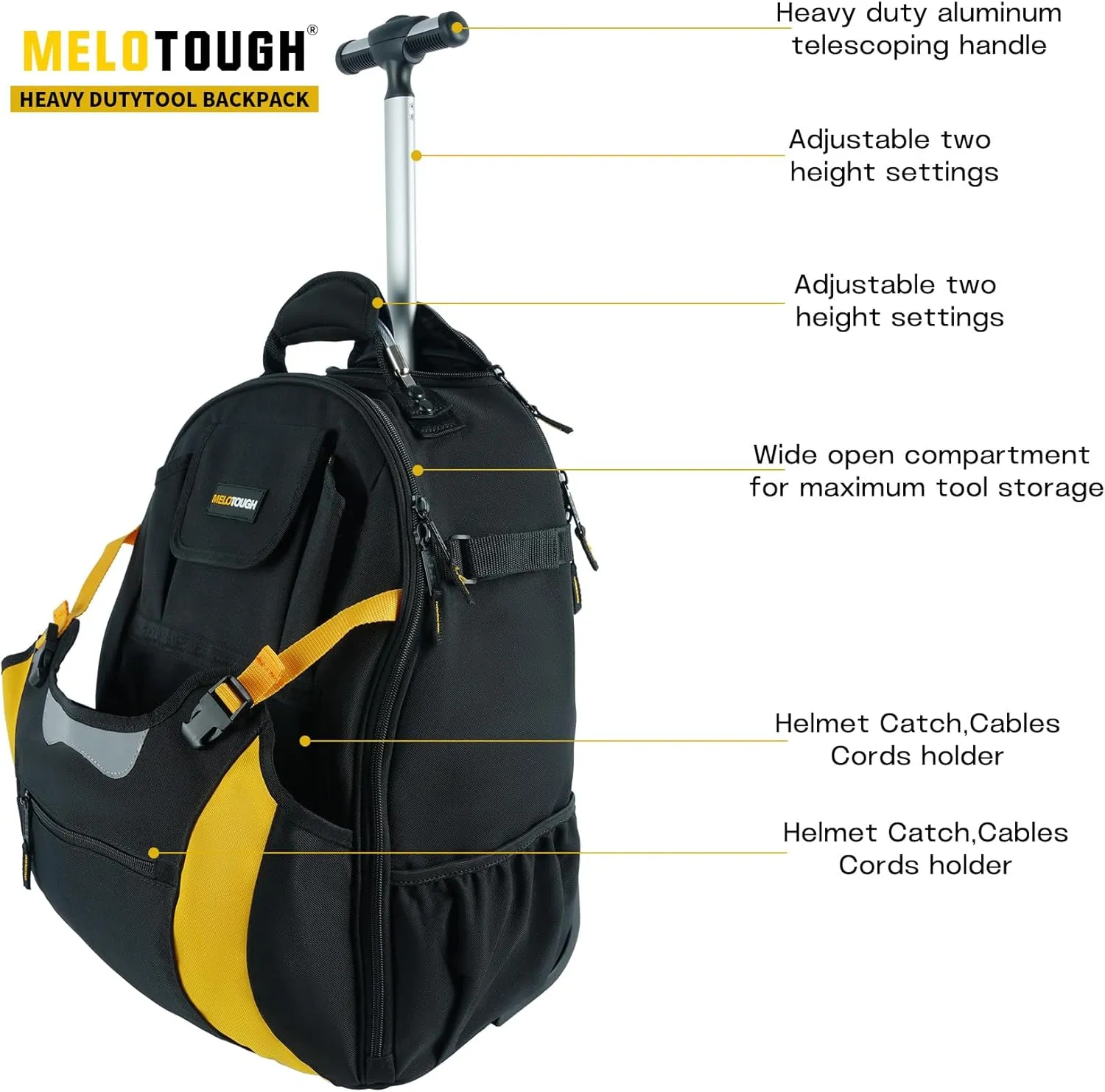 MELOTOUGH Wheeled Rolling Tool Bag Heavy Duty Tool Backpack Tool Organizer Bag for Electrician, Carpenter, HVAC,Welder (Yellow)