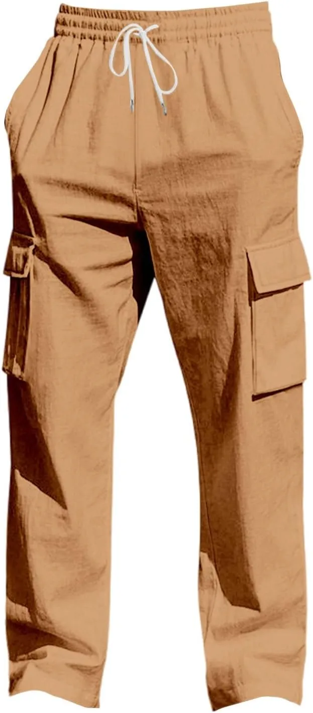 Mens Athletic Pants Tapered Linen Elastic Waist Active Beach Flex Trousers Joggers Travel Hiking Pants