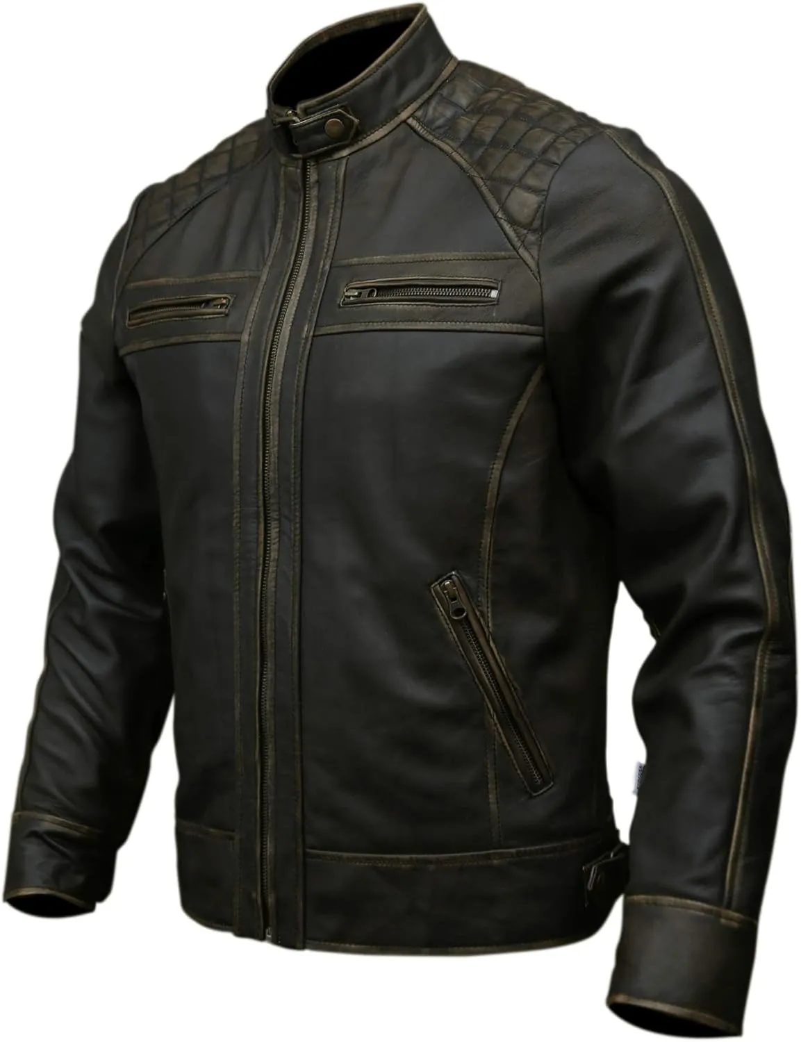 Mens Genuine Leather Biker Jacket Black | Vintage Brown Distressed Lambskin Motorcycle Jackets for Men