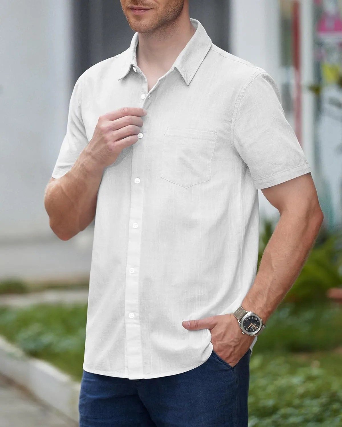 Mens Gradient Linen Shirts Short Sleeve Button Down Shirt Hawaiian Summer Beach Casual T Shirts for Men