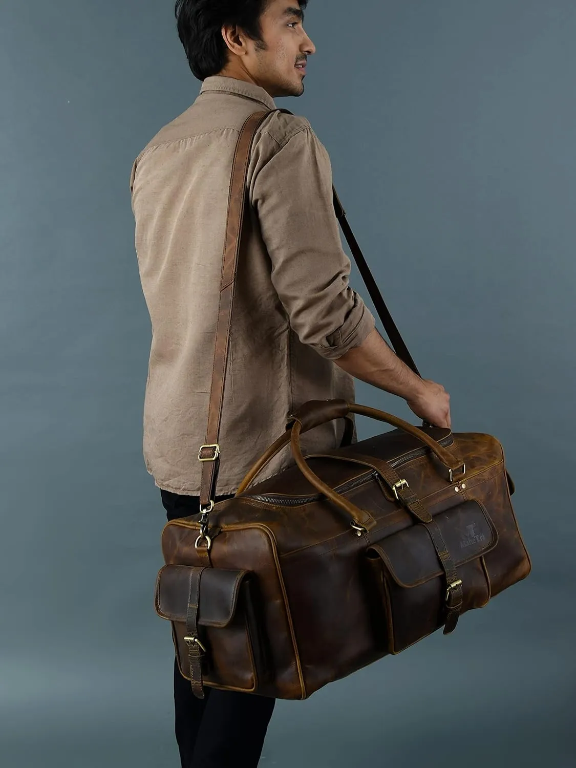 Men’s Large Travel Overnight Weekender Duffel Bag Handmade Vintage Travel Luggage Carry On Holdall Duffle Bag (Hunter Brown, 24")