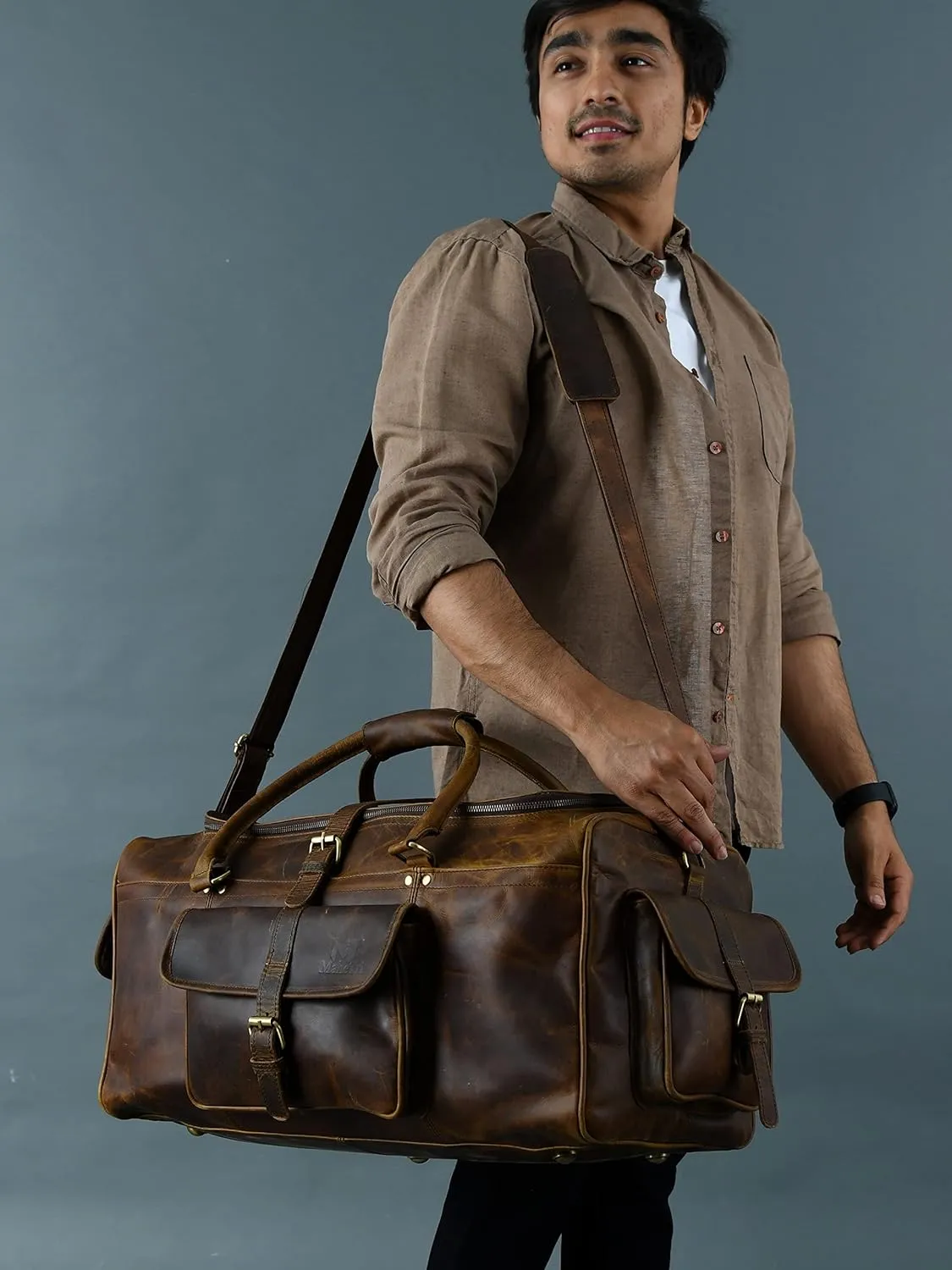 Men’s Large Travel Overnight Weekender Duffel Bag Handmade Vintage Travel Luggage Carry On Holdall Duffle Bag (Hunter Brown, 24")