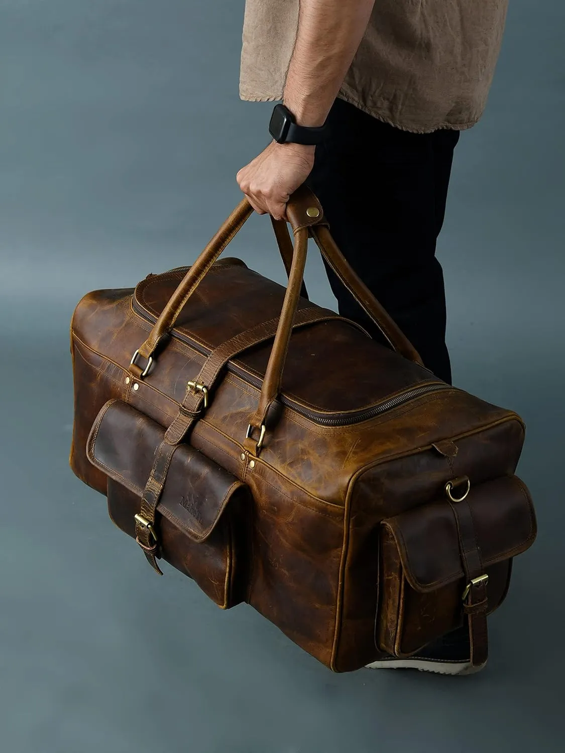 Men’s Large Travel Overnight Weekender Duffel Bag Handmade Vintage Travel Luggage Carry On Holdall Duffle Bag (Hunter Brown, 24")