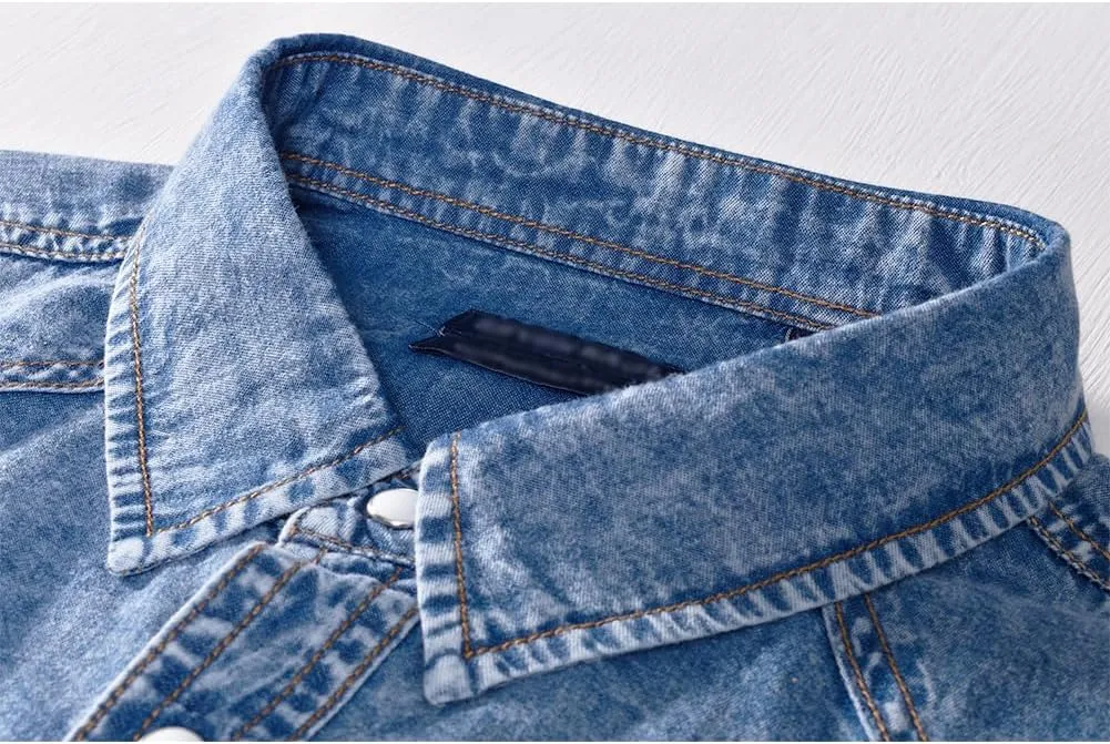 Men's Long Sleeve Double Pocket Snap Denim Shirt