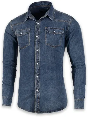 Men's Long Sleeve Double Pocket Snap Denim Shirt