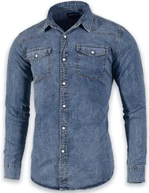 Men's Long Sleeve Double Pocket Snap Denim Shirt