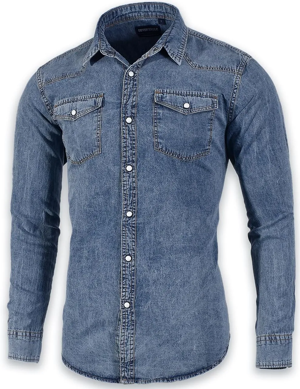 Men's Long Sleeve Double Pocket Snap Denim Shirt