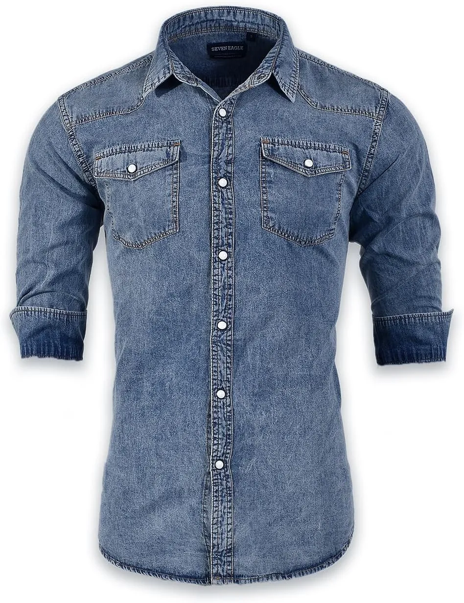 Men's Long Sleeve Double Pocket Snap Denim Shirt