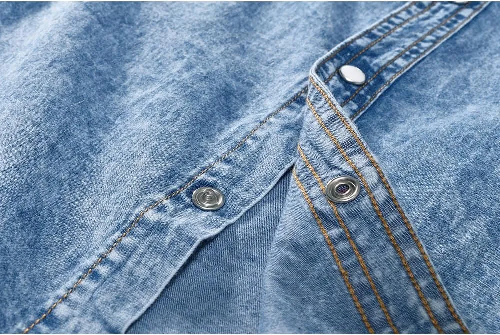 Men's Long Sleeve Double Pocket Snap Denim Shirt