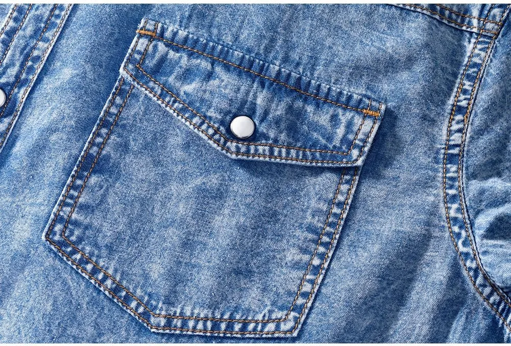 Men's Long Sleeve Double Pocket Snap Denim Shirt