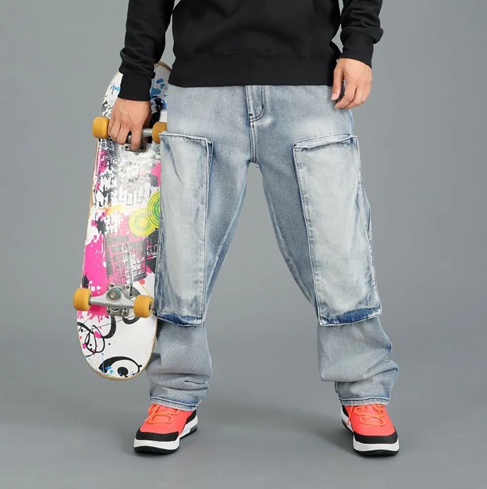 Mens Loose Fit Hip Hop Jeans Casual Cargo Denim Pants with Multi Pockets