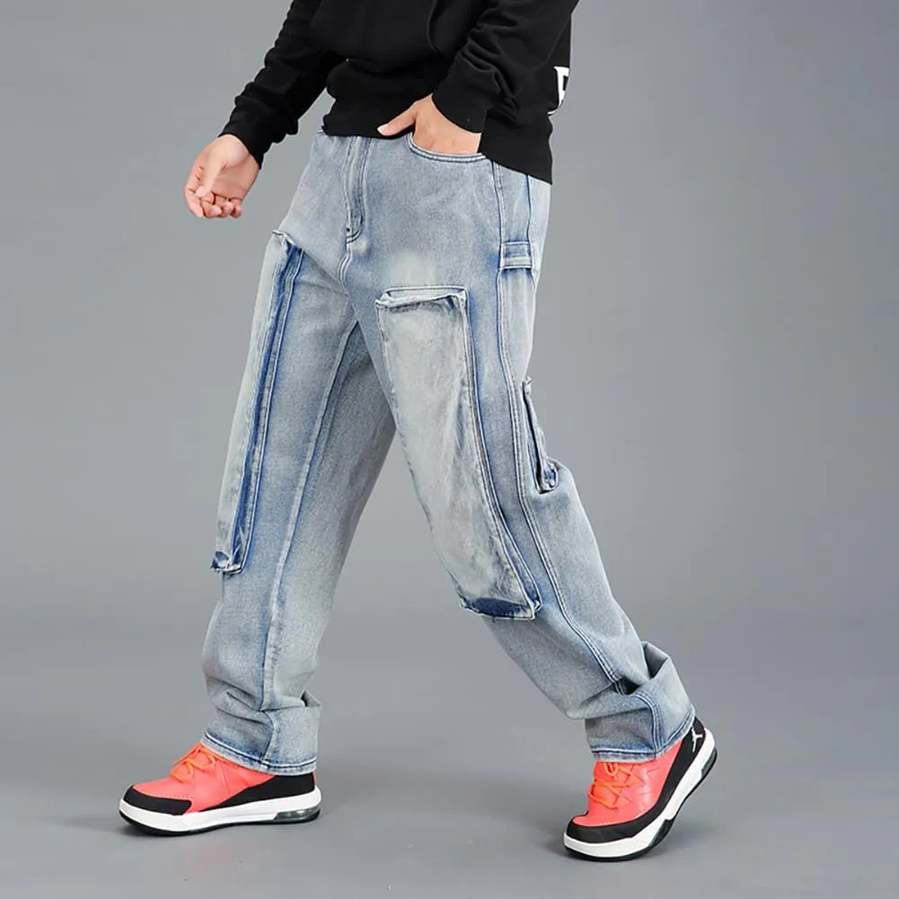 Mens Loose Fit Hip Hop Jeans Casual Cargo Denim Pants with Multi Pockets