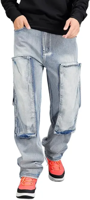 Mens Loose Fit Hip Hop Jeans Casual Cargo Denim Pants with Multi Pockets