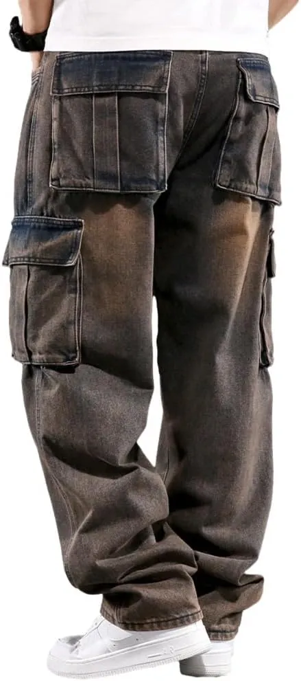 Mens Loose Fit Hip Hop Jeans Casual Cargo Denim Pants with Multi Pockets