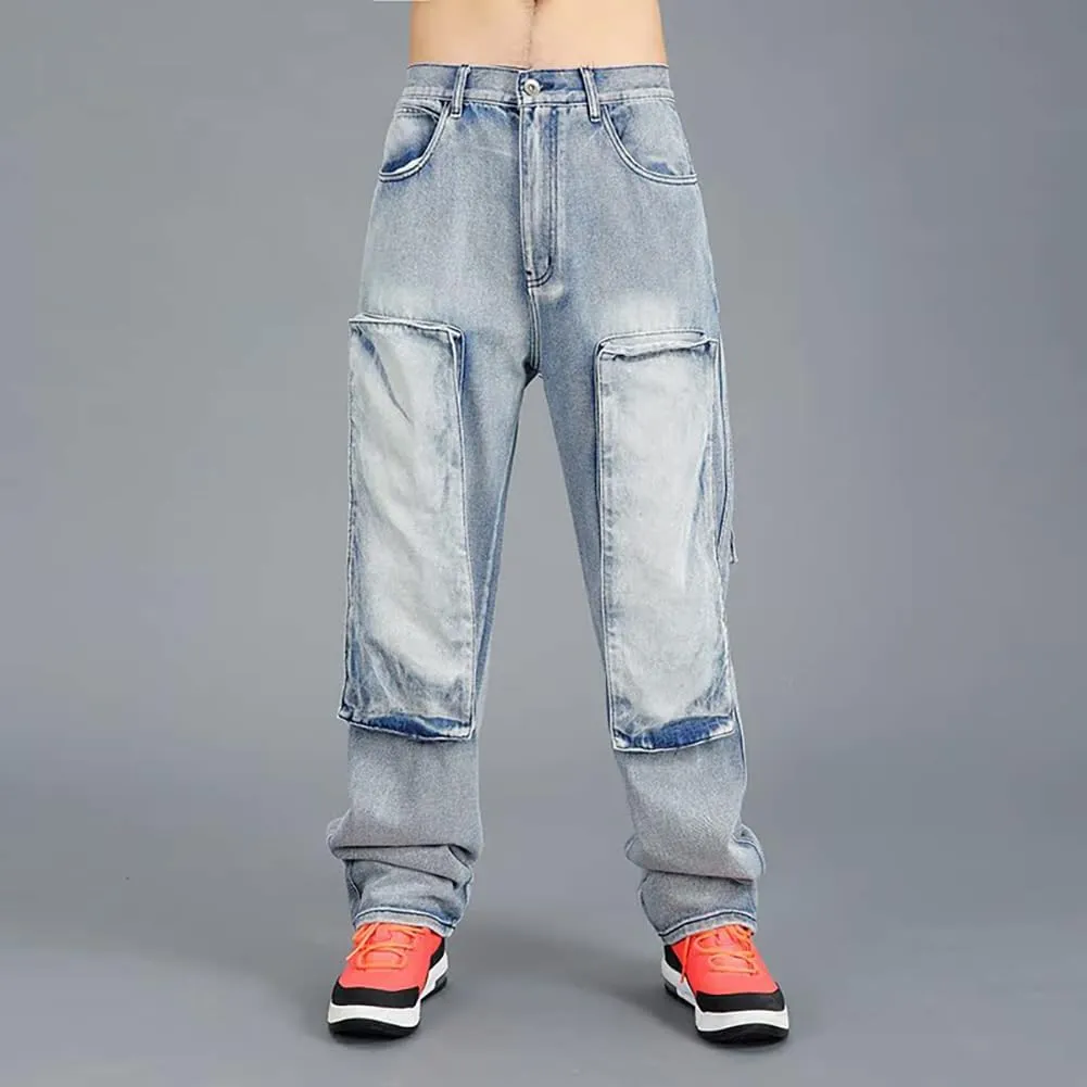 Mens Loose Fit Hip Hop Jeans Casual Cargo Denim Pants with Multi Pockets