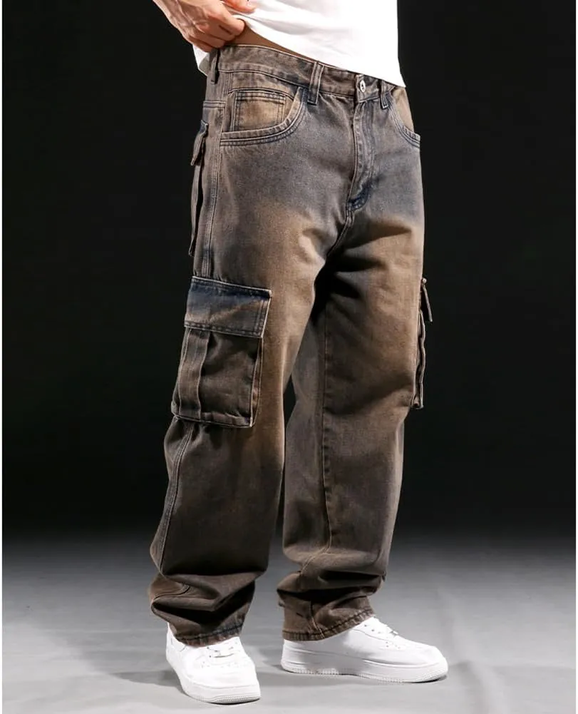 Mens Loose Fit Hip Hop Jeans Casual Cargo Denim Pants with Multi Pockets