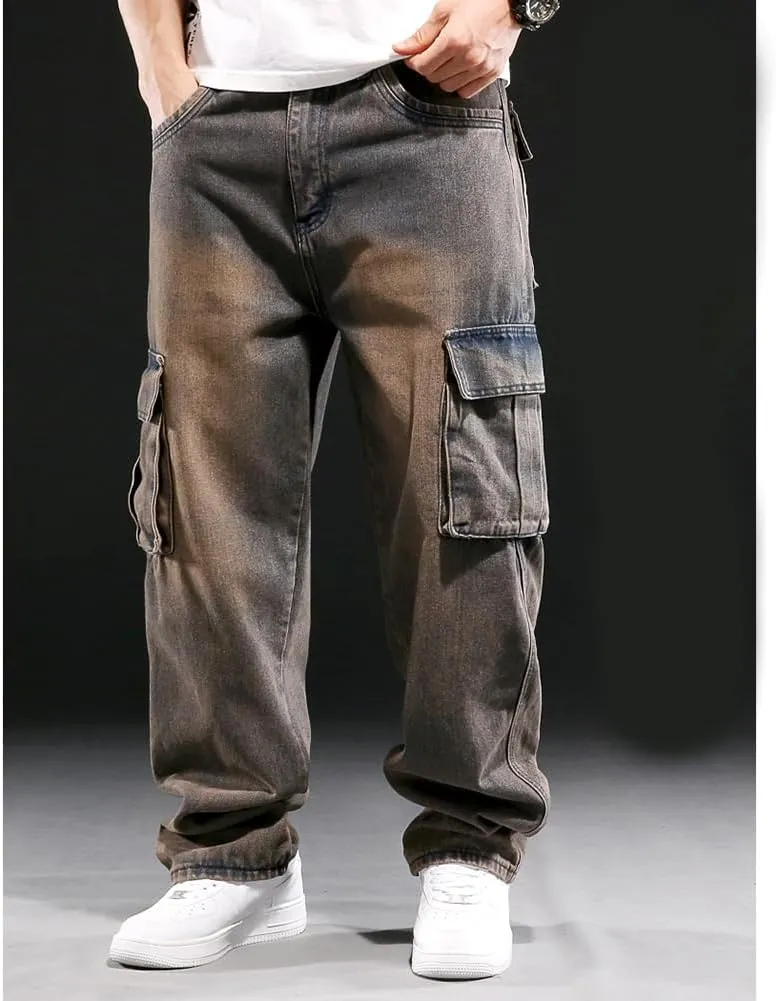 Mens Loose Fit Hip Hop Jeans Casual Cargo Denim Pants with Multi Pockets
