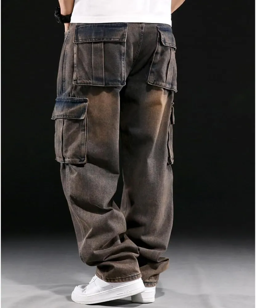 Mens Loose Fit Hip Hop Jeans Casual Cargo Denim Pants with Multi Pockets