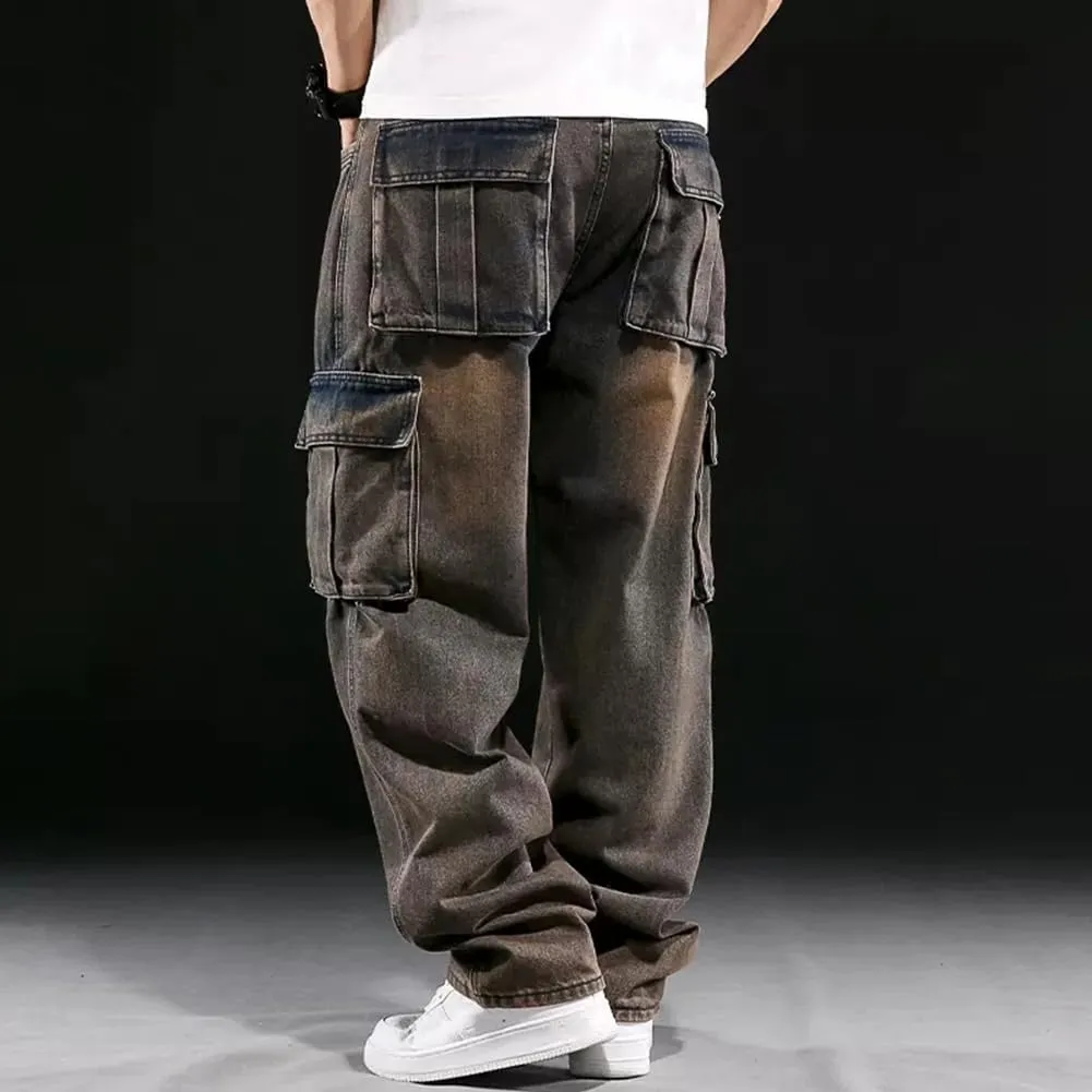 Mens Loose Fit Hip Hop Jeans Casual Cargo Denim Pants with Multi Pockets