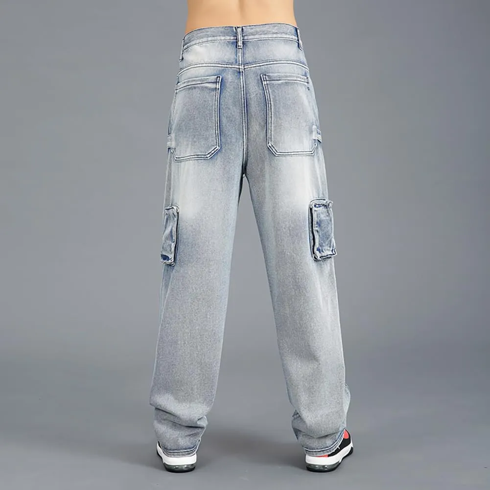 Mens Loose Fit Hip Hop Jeans Casual Cargo Denim Pants with Multi Pockets