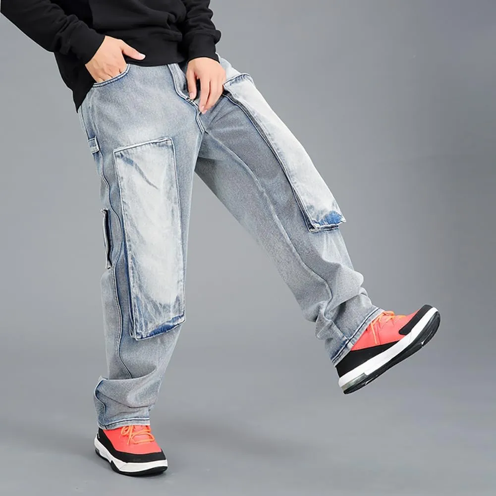 Mens Loose Fit Hip Hop Jeans Casual Cargo Denim Pants with Multi Pockets
