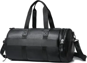 Men's Travel Duffle Bag Waterproof PU Leather Weekender Overnight Bags Carry on Handbag with Shoes Compartment (Black)