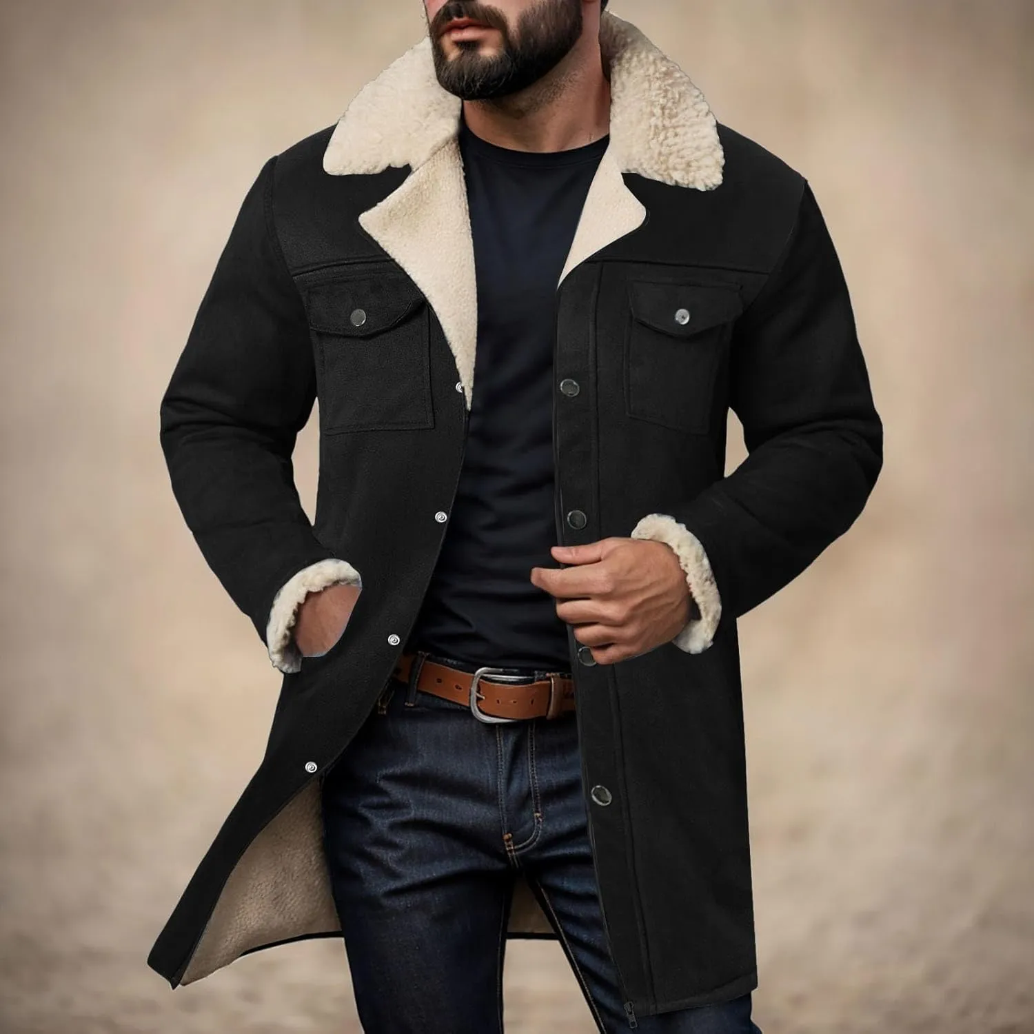 Mens Western Cowboy Jacket Distressed Suede Long Trench Coats Zip Up Sherpa Collar Faux Leather Outdoor Jacket