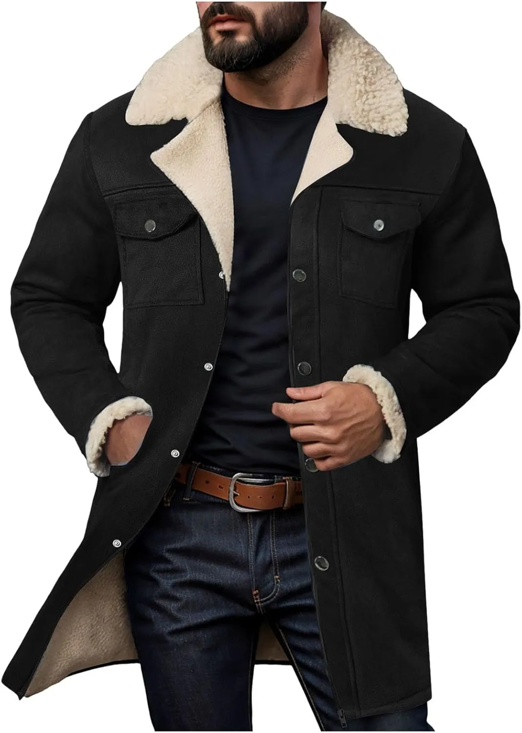 Mens Western Cowboy Jacket Distressed Suede Long Trench Coats Zip Up Sherpa Collar Faux Leather Outdoor Jacket