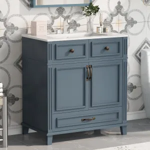 Merax 30 Inch Bathroom Vanity with Sink, Modern Single Sink Bathroom Storage Cabinet with 2 Doors & 2 Drawers, Quick Assembly Bathroom Vanities, Solid Wood Construction, White Sink Top with 3 Holes