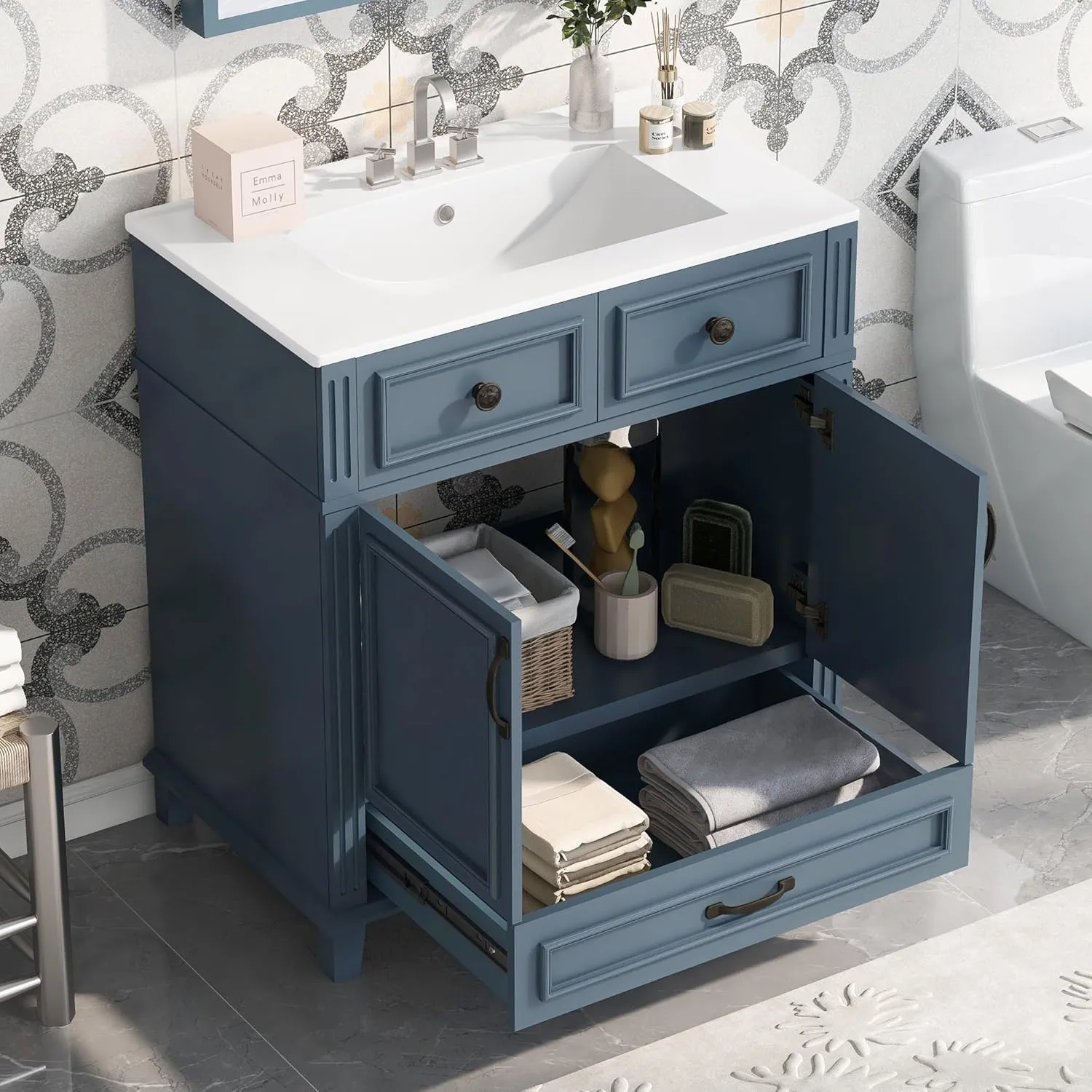 Merax 30 Inch Bathroom Vanity with Sink, Modern Single Sink Bathroom Storage Cabinet with 2 Doors & 2 Drawers, Quick Assembly Bathroom Vanities, Solid Wood Construction, White Sink Top with 3 Holes