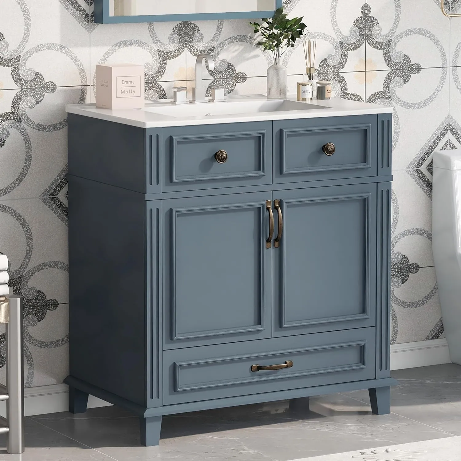 Merax 30 Inch Bathroom Vanity with Sink, Modern Single Sink Bathroom Storage Cabinet with 2 Doors & 2 Drawers, Quick Assembly Bathroom Vanities, Solid Wood Construction, White Sink Top with 3 Holes
