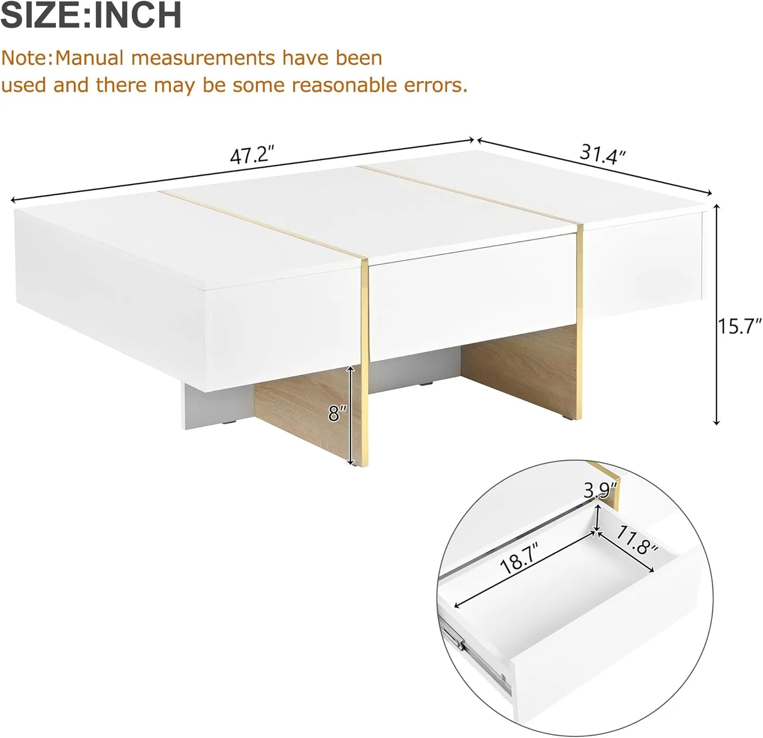 Merax 47.2'' x 31.4''Minimalist High Gloss Coffee Table with 2 Drawers, Multi-Storage Rectangle Sofatable with Golden Wood Grain Legs, Modern Centertable for Living Room, White